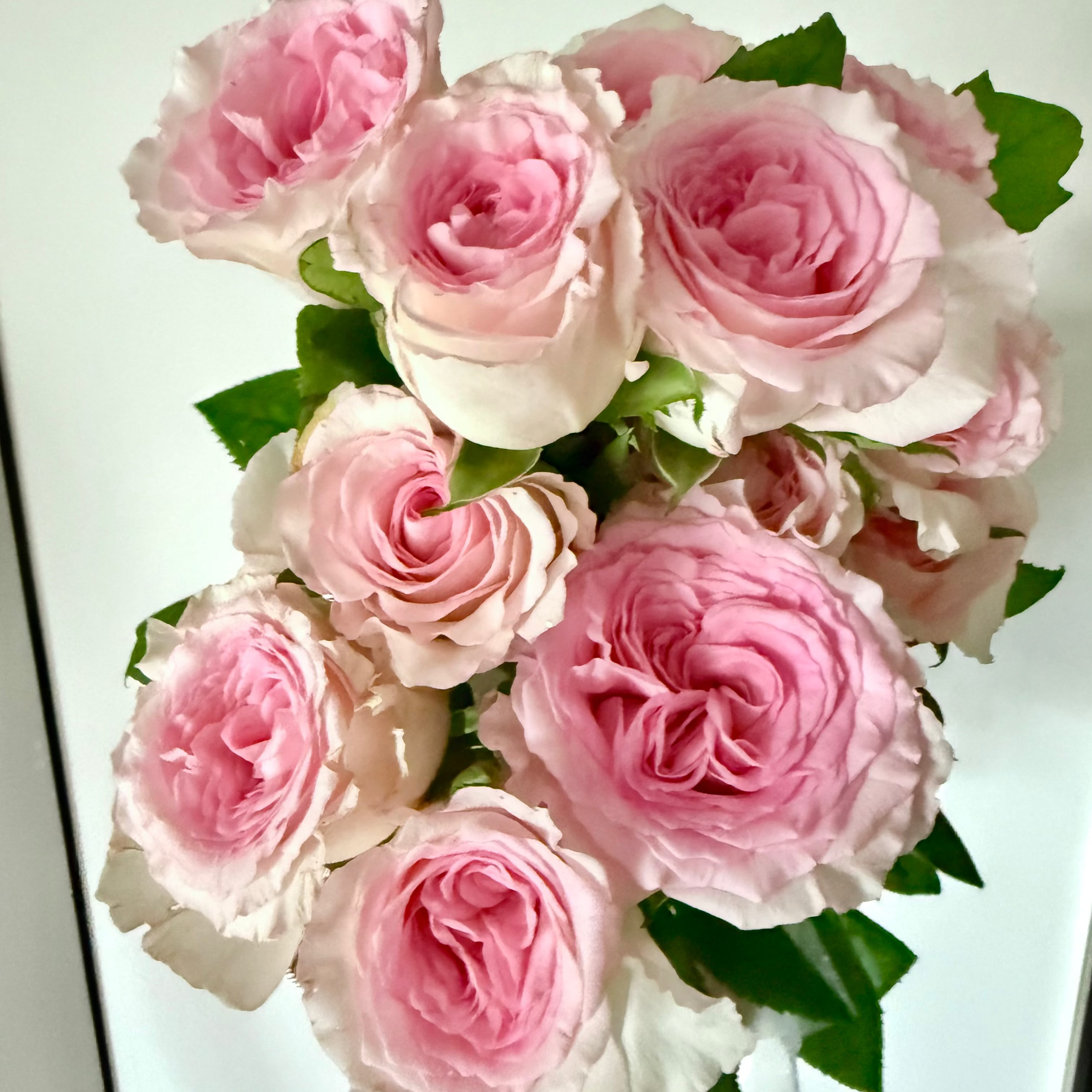 A bouquet of artificial pink roses with green leaves, arranged against a plain white background.