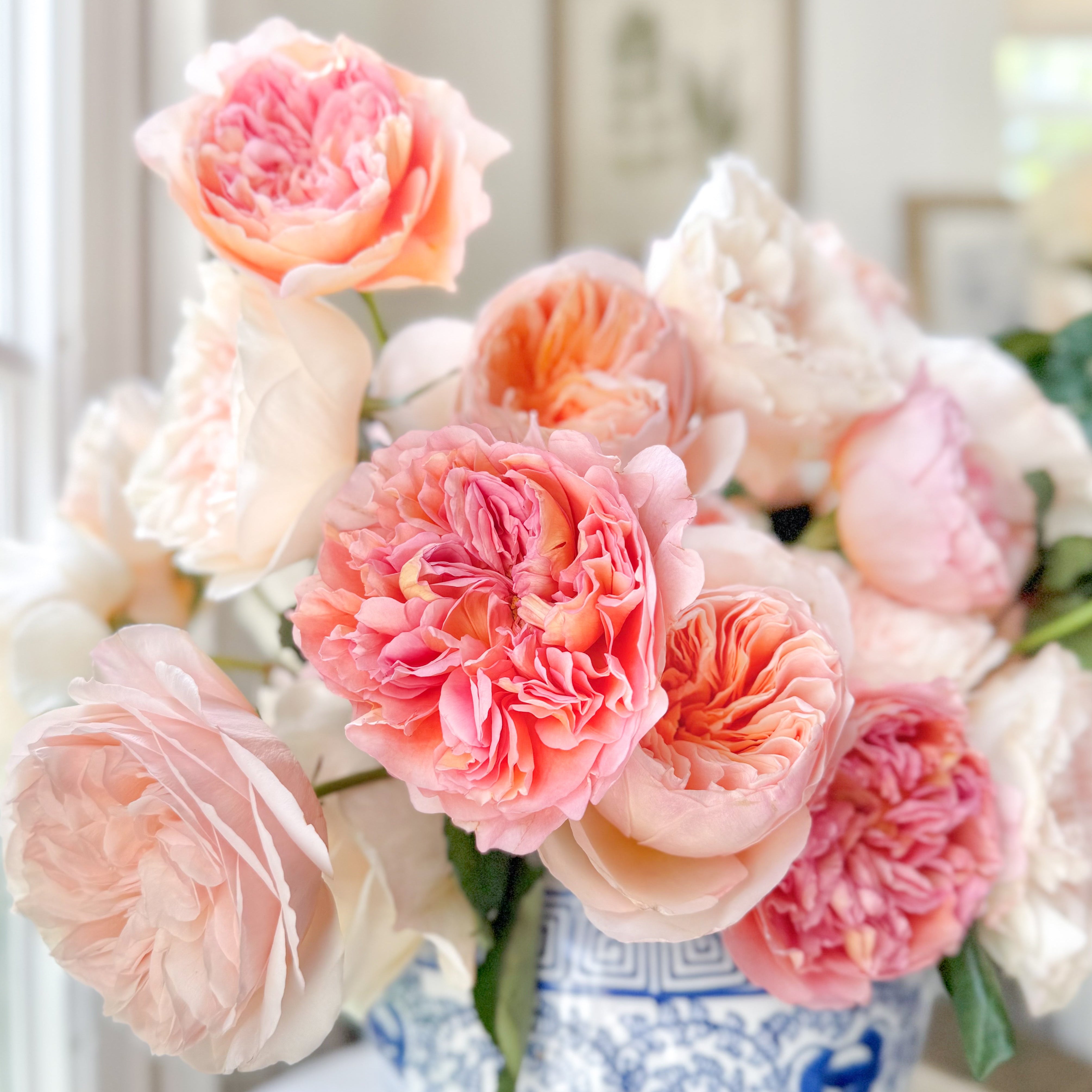 Bouquet of pink and white flowers in a blue and white vase on a table.