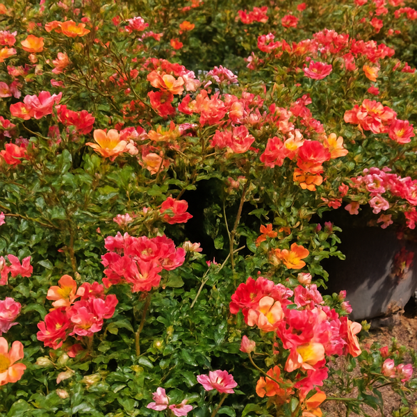 Floral bush with pink, orange, and red flowers