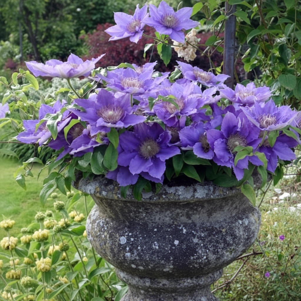 Purple flowers in a stone pot with greenery in the background
