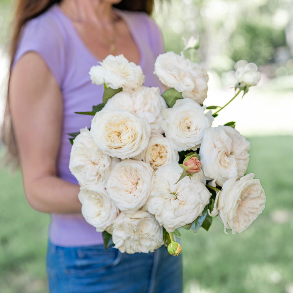 Woman holding a bouquet of white flowers outdoors