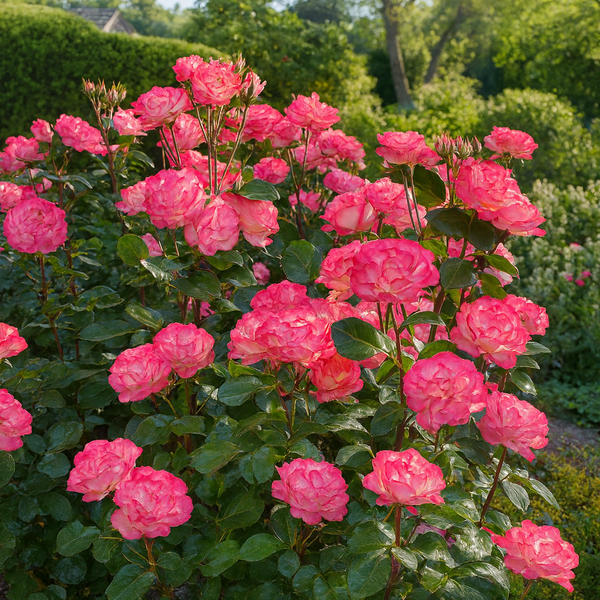 Floribunda rose bush with pink flowers in a garden setting
